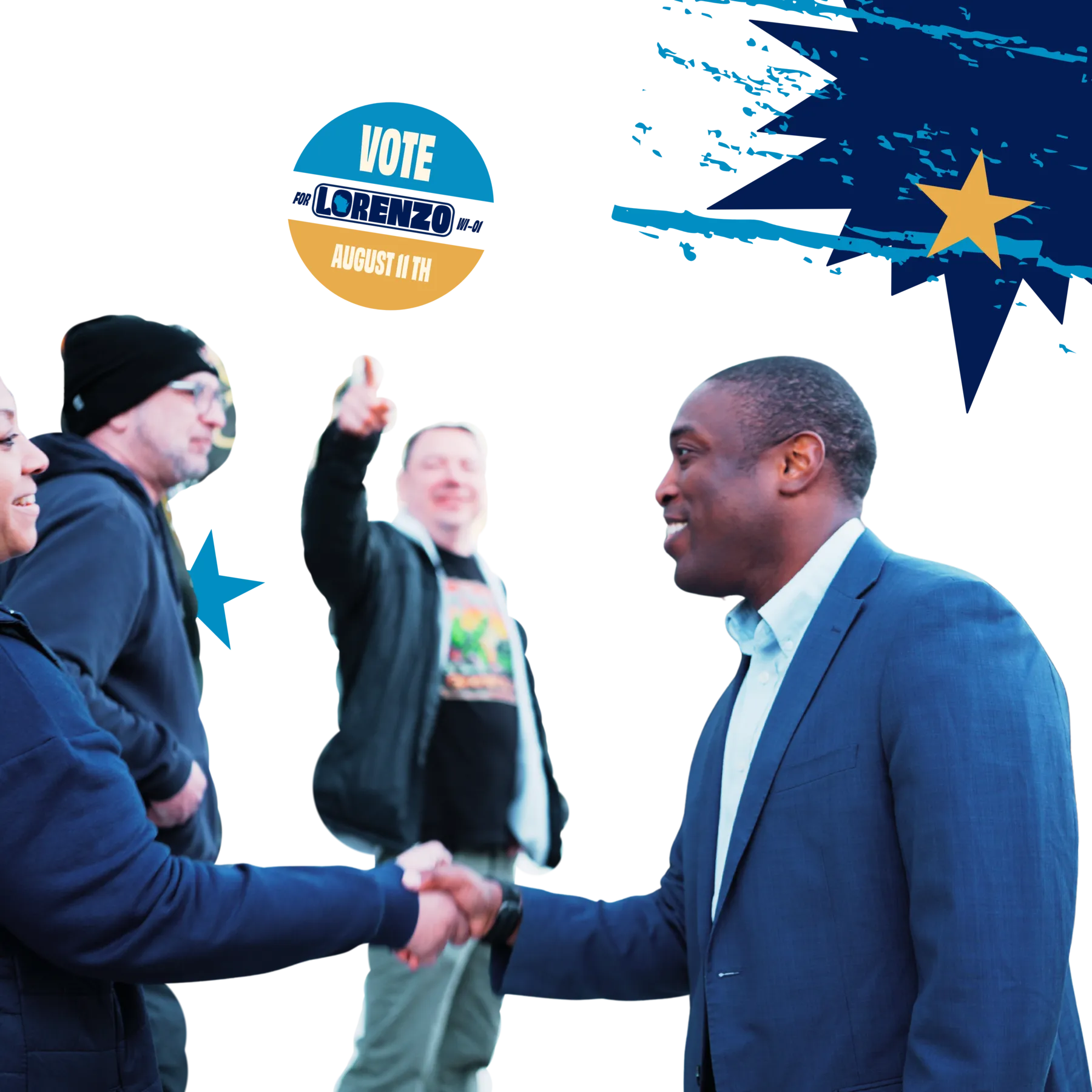 Lorenzo Santos shaking hands with supporters, beside a Vote for Lorenzo WI-01 August 11th sticker